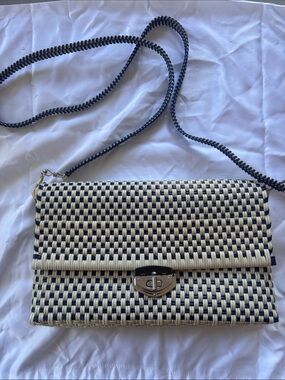 Woven Crossbody Clutch Bag in Cream and Black
